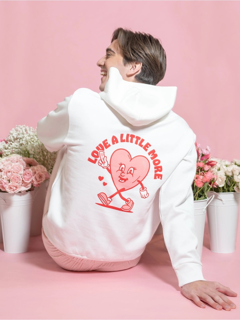 Here For You Love a Little More Heart Graphic Oversized Hoodie White 2XL